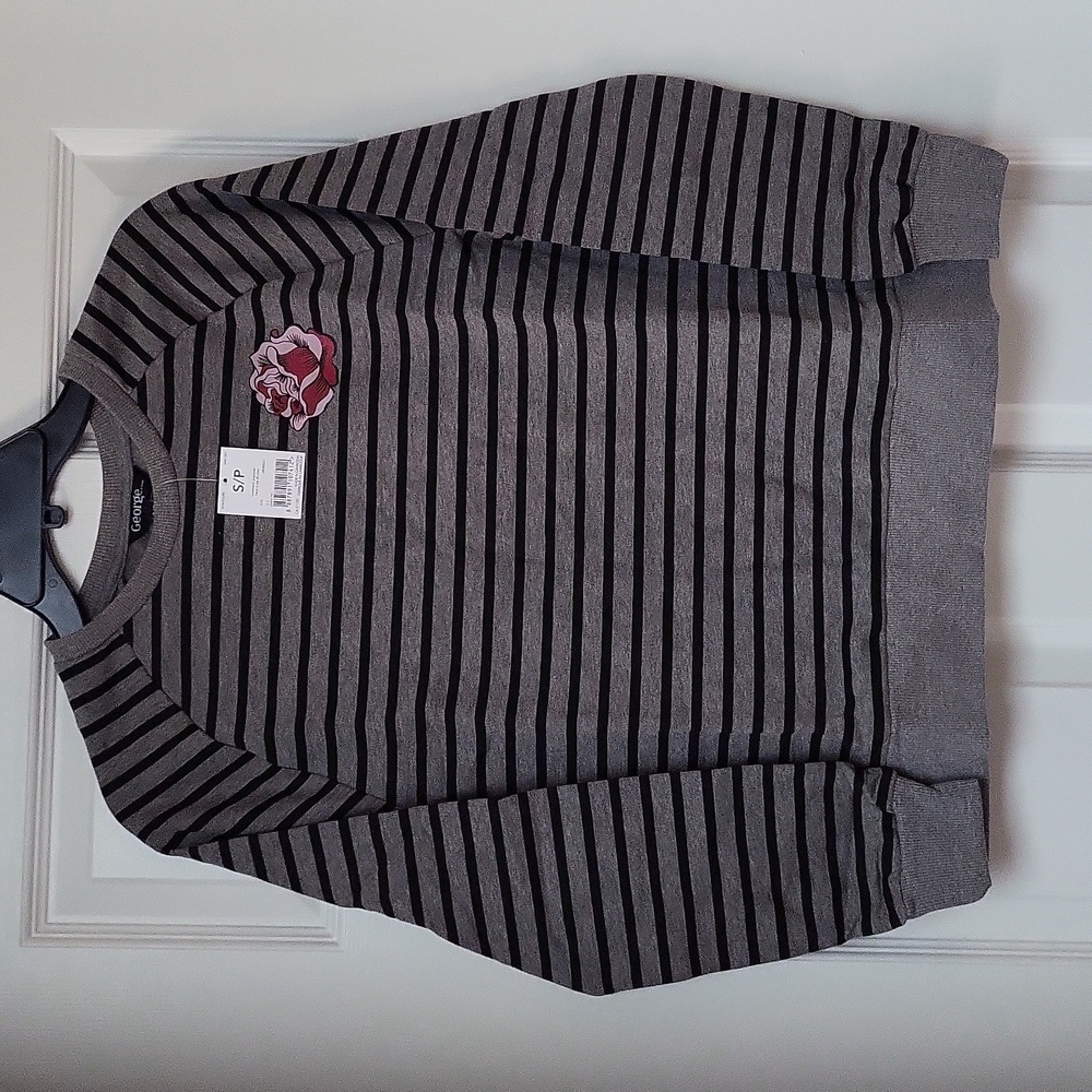 Grey & Black Striped Cotton Blend Sweatshirt with Rose Size Small, New With Tags